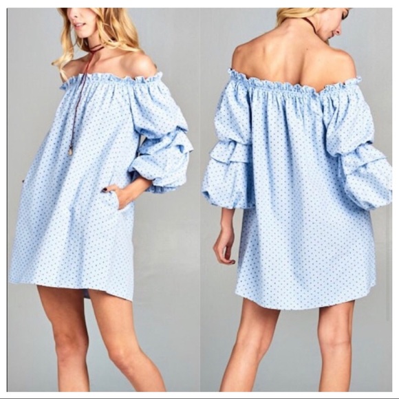 Paper Crane Dresses & Skirts - Light Blue Off Shoulder mini Dress with pockets Sz M by Paper Crane